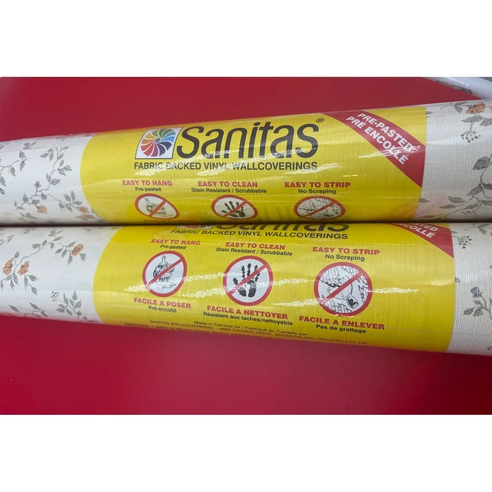 Vtg Sanitas Wallpaper 2 Rolls Floral Pre-Pasted Fabric Backed Vinyl 712-6235 NOS